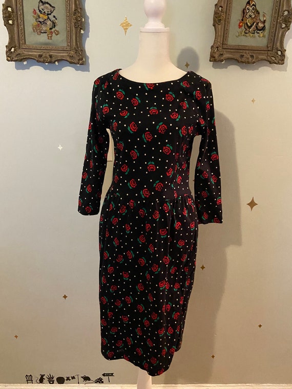 Vintage black cotton dress with red rose and polk… - image 2