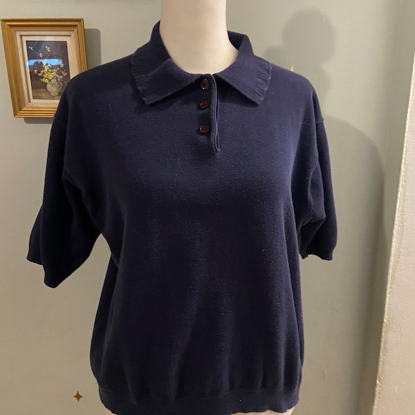 Vintage navy blue cotton scalloped collar short sleeve sweater • by The Very Thing! • size medium