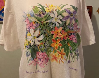 Vintage white cotton Bermuda Island Flowers print T-shirt • size large