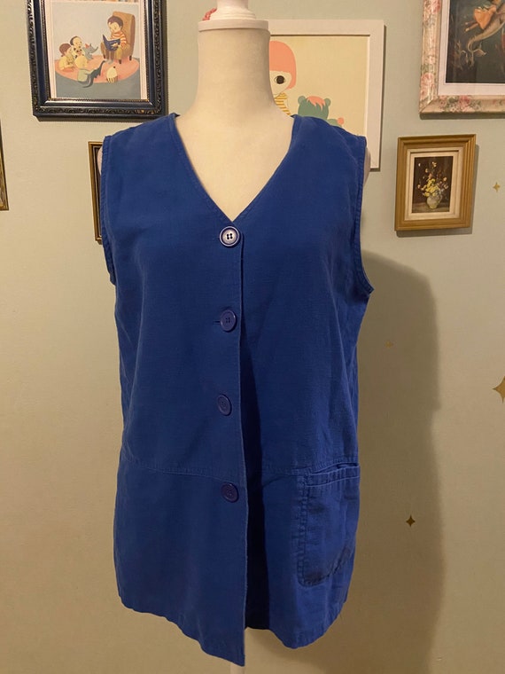Vintage linen blend blue vest with pockets • by Ka