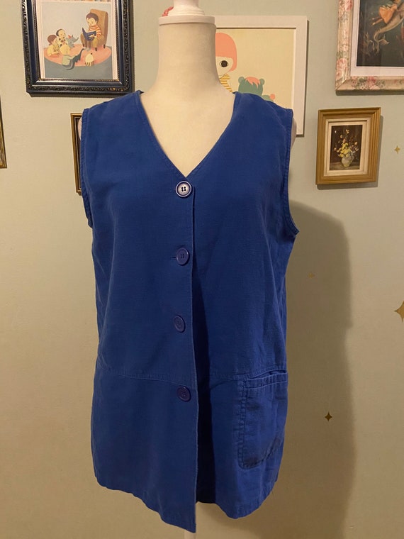Vintage linen blend blue vest with pockets • by K… - image 1