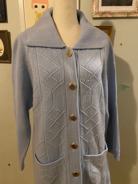 Vintage Light Blue Knit Collared Sweater Coat • by Fashionelle of 