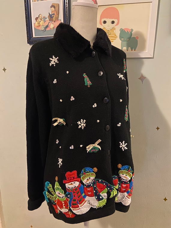 Vintage women’s black knit snowmen holiday cardiga