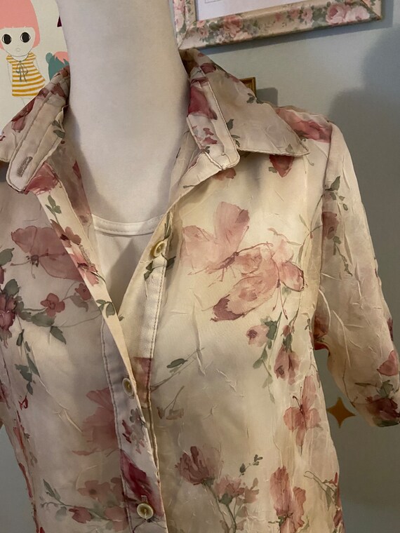Retro Flower Print Cold Shoulder Blouse Sheer