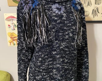 Vintage black knit tassel sweater with beads and ribbon details