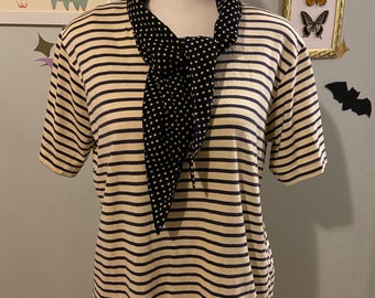 Vintage beige and navy blue star tie neck striped tee • by Leslie Fay Sportswear • size small