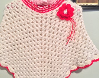 Vintage red and white crochet poncho with crochet flower and ribbons