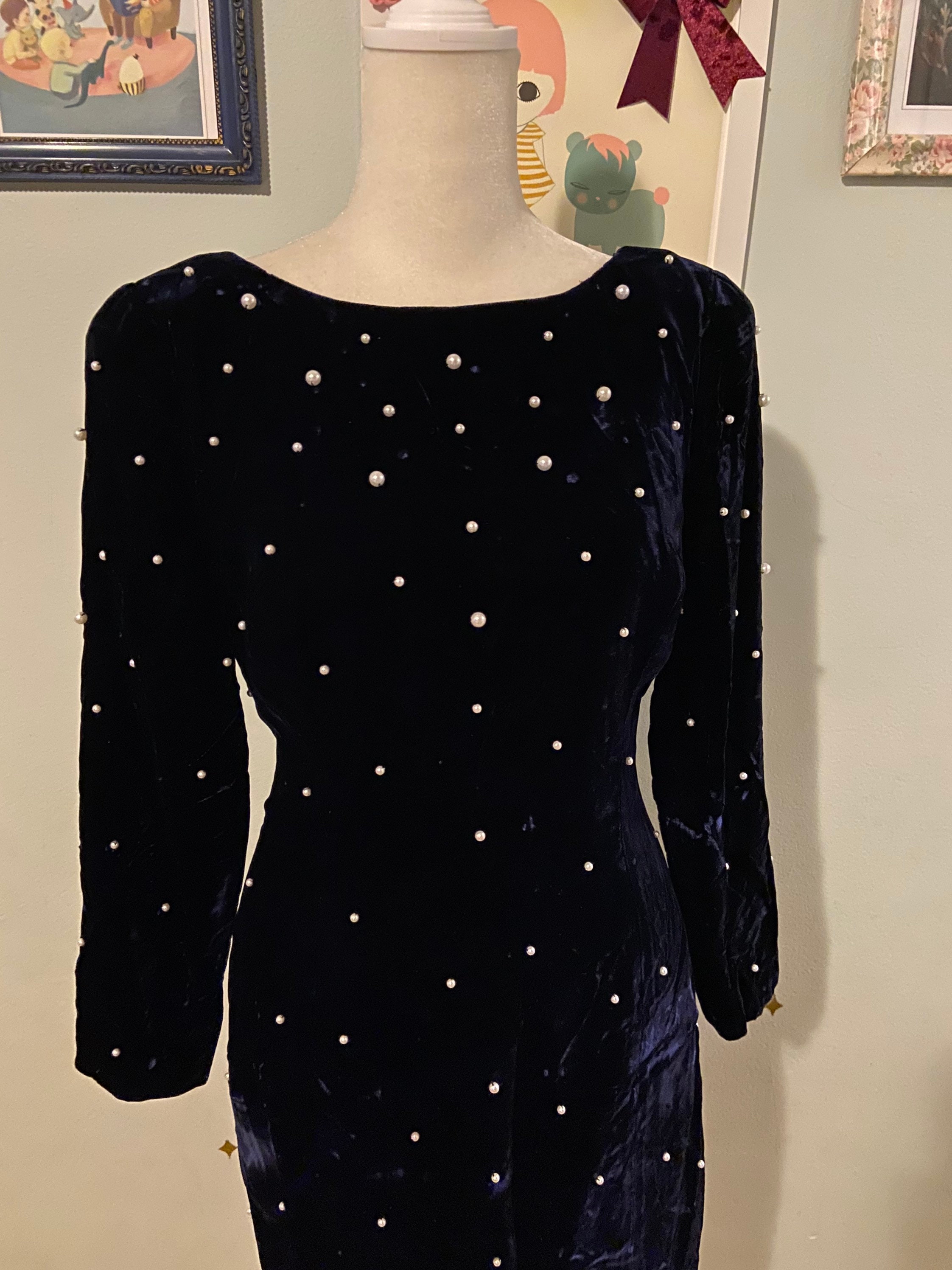Vintage Navy Blue Crushed Velvet Pearl Dress With V Back by Etsy Canada