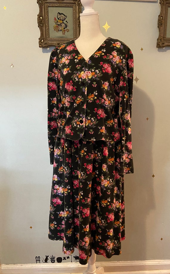 Vintage black floral two piece dress and jacket s… - image 8