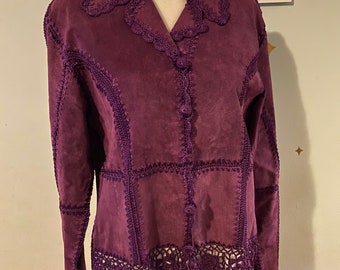 Vintage purple leather suede patchwork jacket with crochet trim • by Bagatelle • size small