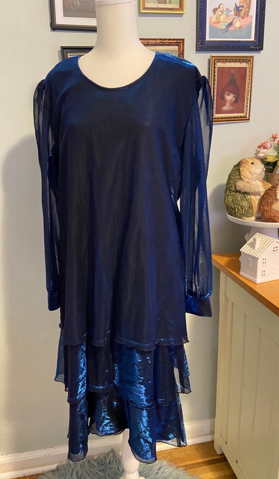 Vintage blue sheer shimmer tiered dress • by New … - image 1