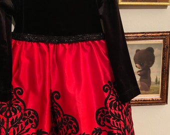 Vintage child’s red and black dress with velour bodice and glitter skirt • by Rare Editions • size 3t