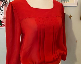 Vintage red sheer pleated front blouse • by Robyn’s Nest • size small