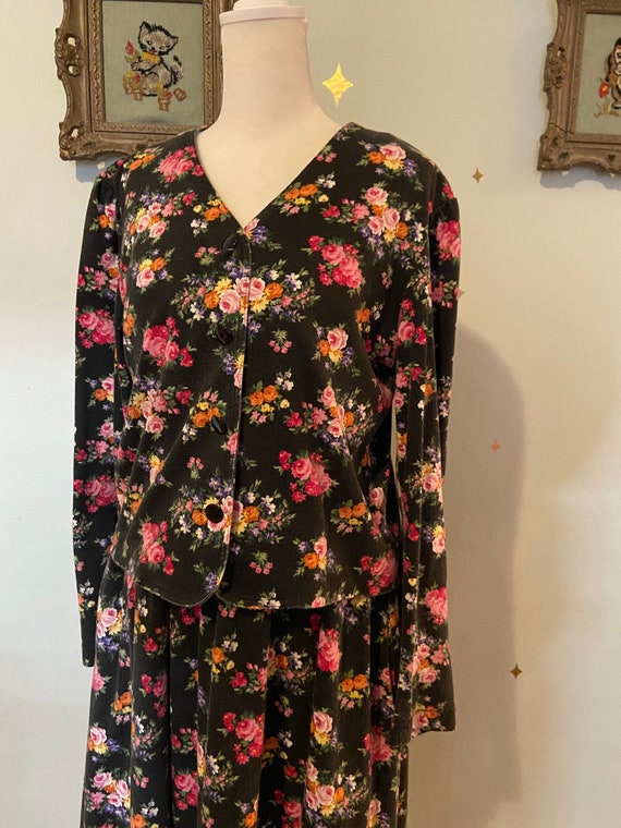 Vintage black floral two piece dress and jacket s… - image 1
