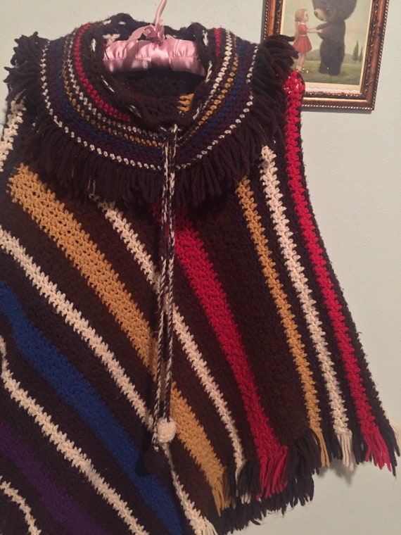 Vintage knit striped poncho with cowl neck