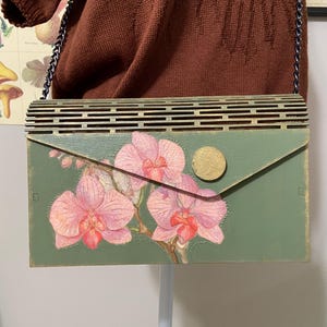 Vintage hand painted wooden box purse with chain strap