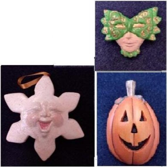 BROOCH & ORNAMENT Set - Vintage Whimsical  – Happy Ceramic Star, Happy Wood Pumpkin, and a Ceramic Mardi Gras Mask