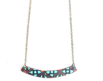 Crescent Red Aqua Enamel Necklace