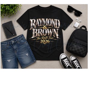May include: Black t-shirt with the text "RAYMOND & BROWN The R&B Tour 2026" in a silver and gold design. The image also includes denim shorts, black sunglasses, a black backpack, white earbuds, a notebook, a pen, and black and white sneakers.