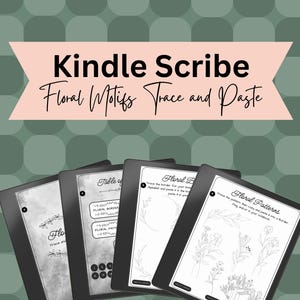 Peut inclure: Un Kindle Scribe affichant un cahier d'exercices numérique intitulé "Motifs floraux à tracer et à coller". Le cahier comprend une table des matières, des bordures florales, des motifs et une section pour tracer et coller des motifs floraux.