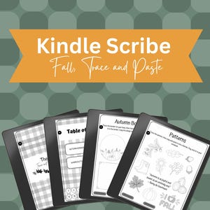 以下が含まれることがあります： 秋のテーマの活動が載っているKindle Scribeの画面が4つあります。画面には目次、秋という文字をなぞるページ、パターンをなぞるページ、かぼちゃと「秋が好き」という文字が書かれたページが表示されています。
