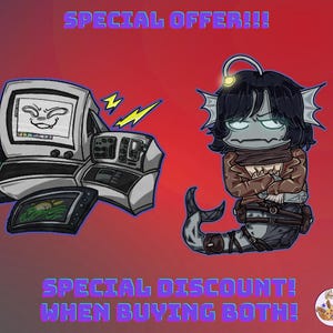 May include: Cartoon illustration featuring a retro computer and a mermaid-like character. The image includes the text "SPECIAL OFFER!!!" and "SPECIAL DISCOUNT! WHEN BUYING BOTH!" in purple against a red background.