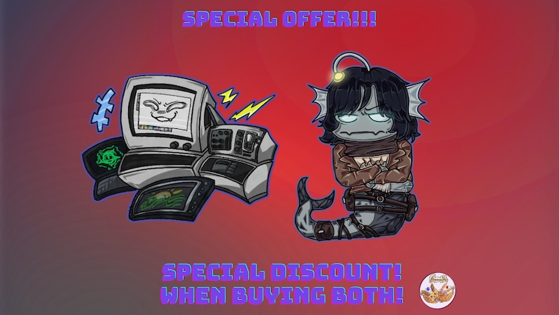 May include: Cartoon illustration featuring a retro computer and a mermaid-like character. The image includes the text "SPECIAL OFFER!!!" and "SPECIAL DISCOUNT! WHEN BUYING BOTH!" in purple against a red background.