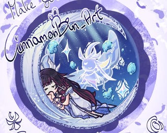 May include: A digital illustration featuring a celestial theme. The artwork showcases a character within a crescent moon, accompanied by a glowing spirit and sparkling stars. Text includes "Cinnamon Bun-Art" and "Song of the welkin moon."