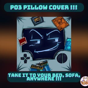 以下が含まれることがあります： 青い顔のデザインと「P03 PILLOW COVER !!!」の文字が入った漫画風の枕カバー。枕カバーにはコントローラーのデザインと「TAKE IT TO YOUR BED, SOFA, ANYWHERE !!!」の文字が入っています。デザインにはゲームカートリッジが含まれています。