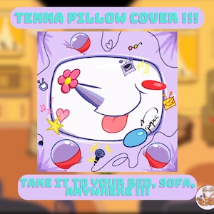 May include: A cartoon pillow cover with a white face, pink tongue, and a flower. The pillow cover has the text "TENNA PILLOW COVER !!!" and "TAKE IT TO YOUR BED, SOFA, ANYWHERE !!!". The design includes musical notes, hearts, and stars.