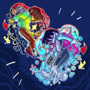 以下が含まれることがあります： ハート型のフレームに入った2人のキャラクターのデジタルイラスト。一人は緑色のジャケットと茶色のズボン、もう一人は青とピンクの衣装を着ています。「ACT」の文字が両方のフレームに表示されています。背景は濃い青色です。