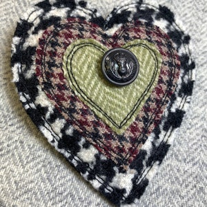 Upcycled Heart Brooch with vintage button Price is for ONE, Handmade Fabric Pin, Upcycled Brooch, Fiber Art Pin, Recycled Wool Pin, OOAK 3-gunmetal button