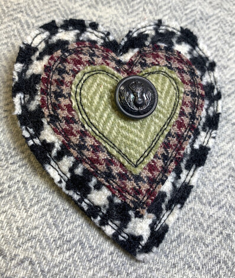 Upcycled Heart Brooch with vintage button Price is for ONE, Handmade Fabric Pin, Upcycled Brooch, Fiber Art Pin, Recycled Wool Pin, OOAK image 4