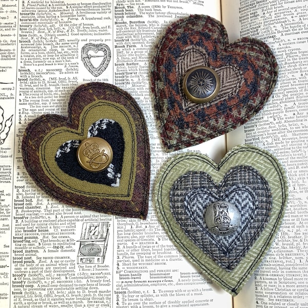 Upcycled Heart Brooch with vintage button -Price is for ONE, Handmade Fabric Pin, Upcycled Brooch, Fiber Art Pin, Recycled Wool Pin, OOAK