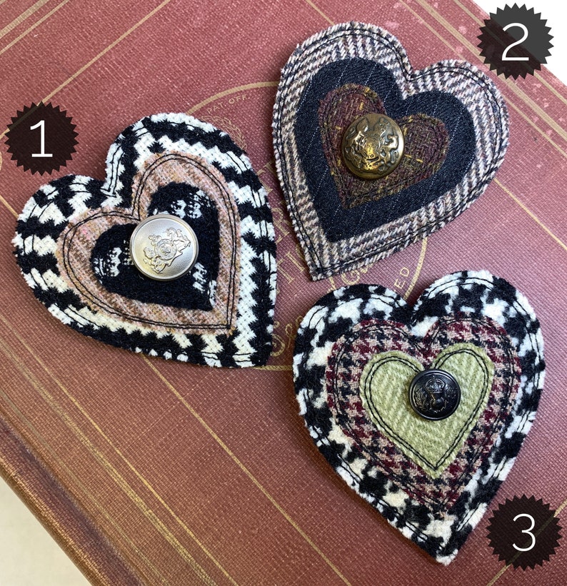 Upcycled Heart Brooch with vintage button Price is for ONE, Handmade Fabric Pin, Upcycled Brooch, Fiber Art Pin, Recycled Wool Pin, OOAK image 6