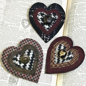 Upcycled Heart Brooch with vintage button -Price is for ONE, Handmade Fabric Pin, Fiber Art Brooch, Wearable art jewelry, Recycled Wool Pin