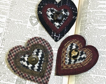 Upcycled Heart Brooch with vintage button -Price is for ONE, Handmade Fabric Pin, Fiber Art Brooch, Wearable art jewelry, Recycled Wool Pin