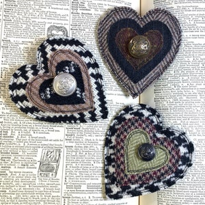 Upcycled Heart Brooch with vintage button -Price is for ONE, Handmade Fabric Pin, Upcycled Brooch, Fiber Art Pin, Recycled Wool Pin, OOAK