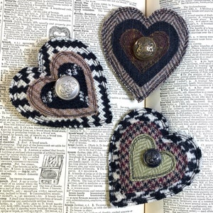 Upcycled Heart Brooch with vintage button Price is for ONE, Handmade Fabric Pin, Upcycled Brooch, Fiber Art Pin, Recycled Wool Pin, OOAK image 1