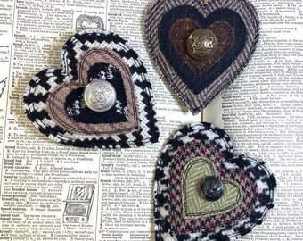 Upcycled Heart Brooch with vintage button -Price is for ONE, Handmade Fabric Pin, Upcycled Brooch, Fiber Art Pin, Recycled Wool Pin, OOAK