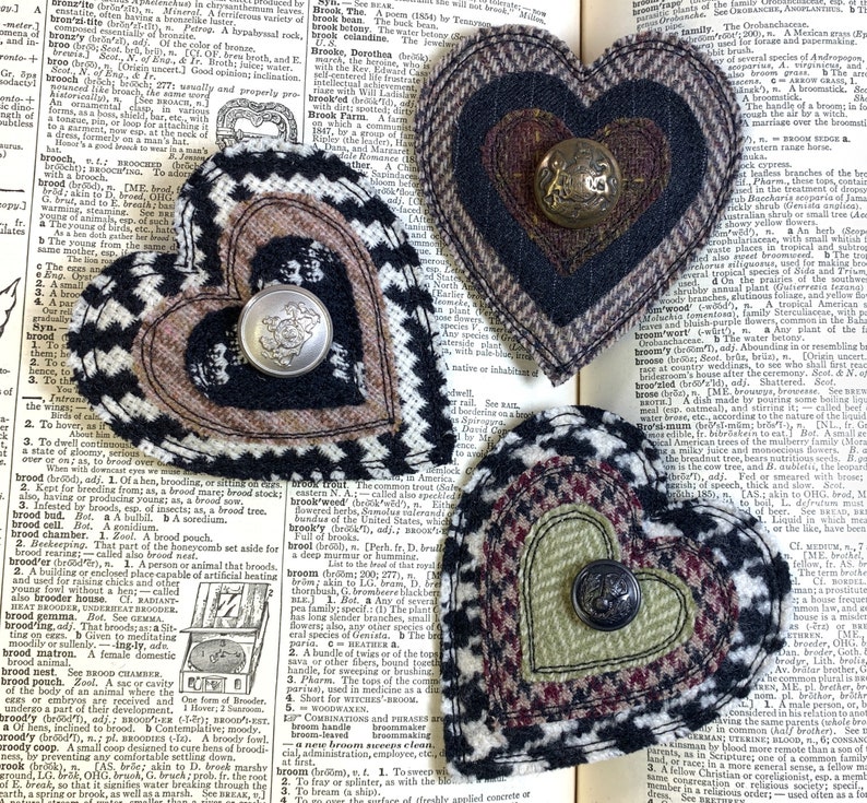 Upcycled Heart Brooch with vintage button Price is for ONE, Handmade Fabric Pin, Upcycled Brooch, Fiber Art Pin, Recycled Wool Pin, OOAK image 1