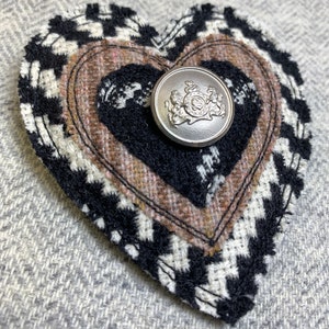 Upcycled Heart Brooch with vintage button Price is for ONE, Handmade Fabric Pin, Upcycled Brooch, Fiber Art Pin, Recycled Wool Pin, OOAK 1-silver button