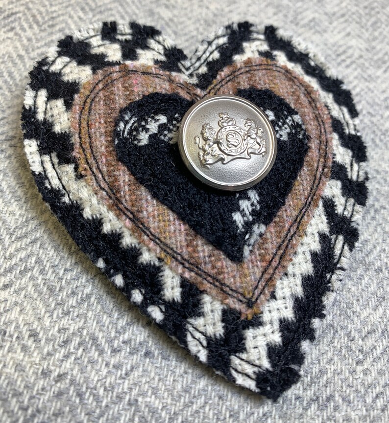 Upcycled Heart Brooch with vintage button Price is for ONE, Handmade Fabric Pin, Upcycled Brooch, Fiber Art Pin, Recycled Wool Pin, OOAK image 2