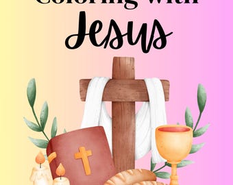 May include: A colouring book with a watercolour illustration of a cross, a bible, a chalice, bread, and candles. The title of the book is "Coloring with Jesus: Catholic edition".
