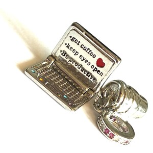 Computer charm with coffee and phrase, ideal for use on Pandora or other brand bracelets. Unisex.
