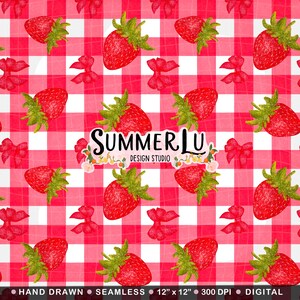 Gingham Erdbeere Nahtloses Muster Kokette rotes Obst funkeln Nahtlose Datei PNG Gingham Digitales Papier wiederholen Oberflächenmuster Design