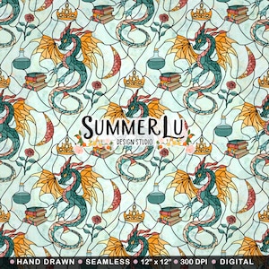 Dragon Stained Glass Appearance Seamless Pattern Dragon Books Seamless File PNG  Digital Paper Repeat Surface Pattern Design