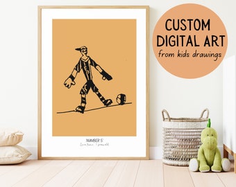 Impresión artística digital personalizada a partir de dibujos infantiles. Regalo de recuerdo para padres a partir de dibujos reales de niños para la sala de juegos.