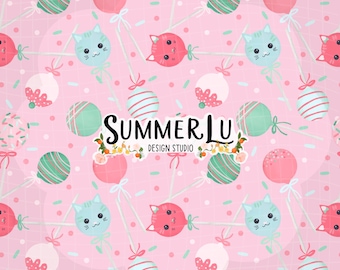May include: A seamless digital pattern featuring cat-shaped lollipops and round candies in pink, mint green, and white. The design includes the text "SUMMERLU DESIGN STUDIO" and is labeled as hand-drawn, seamless, 12" x 12", and 300 DPI.
