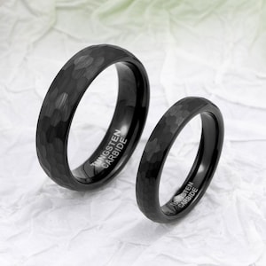 Custom Black Ring, 4/6mm Hammered Tungsten Ring, Wedding Band for Him and Her, Unique Promise Rings, Anniversary Gift for Couple